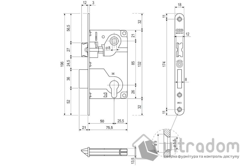 Врезной межкомнатный замок AGB Centro PZ, 85/50 мм, матовый хром (B01025.50.34)