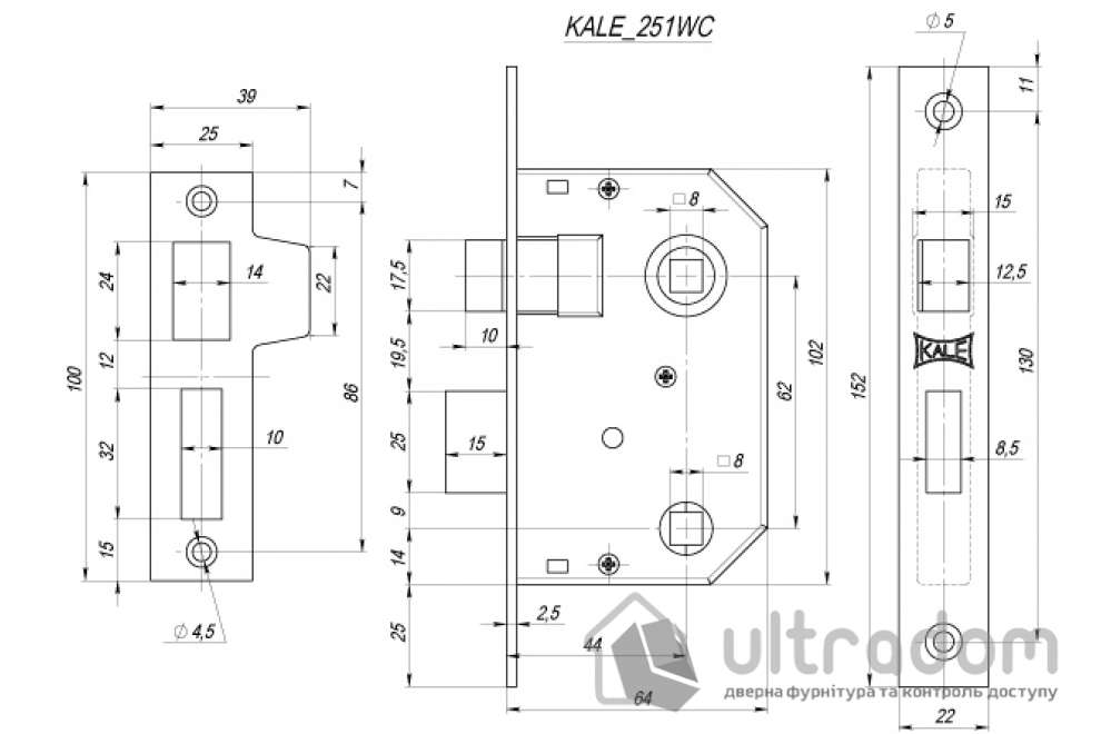 Врезной межкомнатный замок KALE 251 WC, цвет - латунь