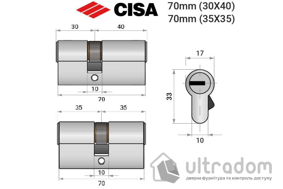 Цилиндр дверной CISA ASIX P8 ключ-ключ, 70 мм