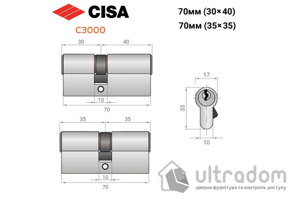 Цилиндр дверной CISA 3000 ключ-ключ, 70 мм никель матовый