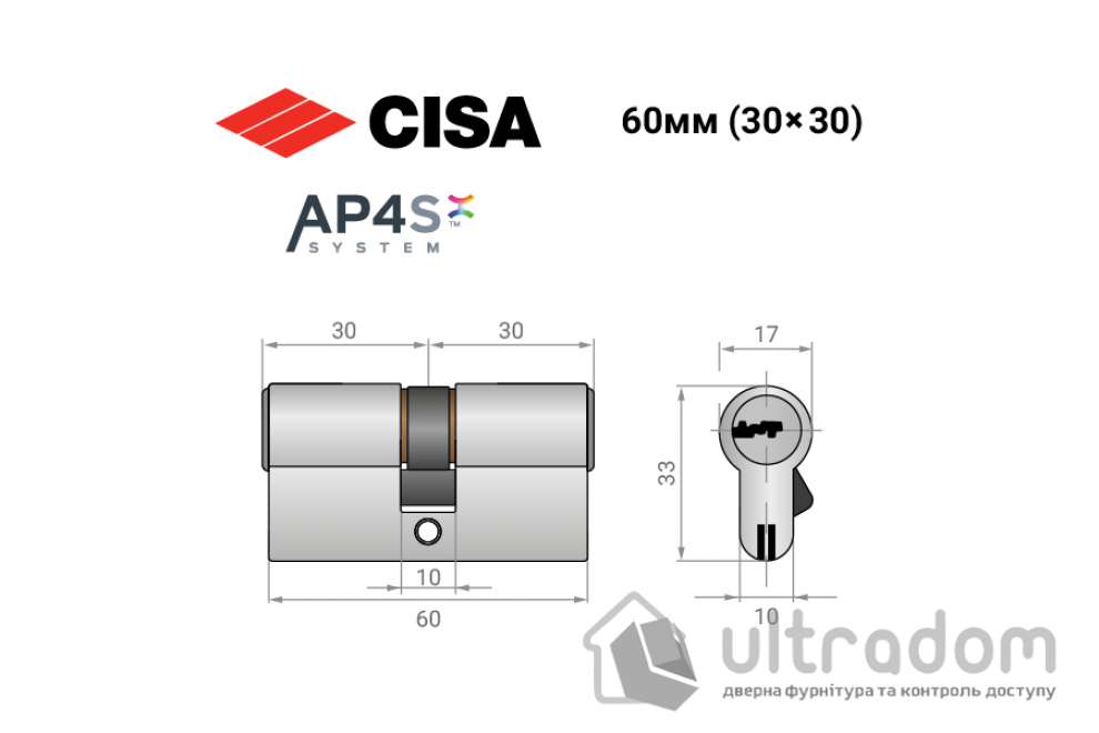 Цилиндр дверной CISA AP4 S 60 мм ключ-ключ никель матовый