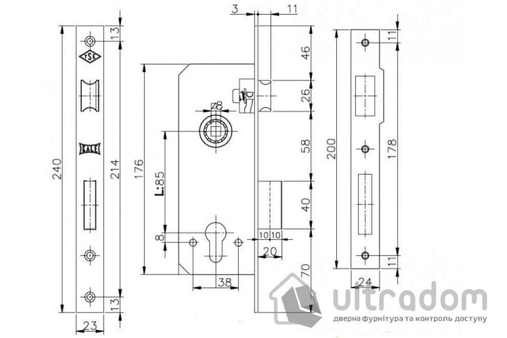 Корпус замка основного KALE 152 R 35/40, цвет - латунь