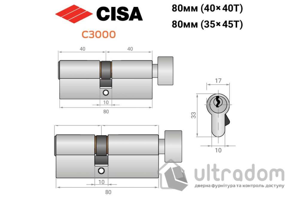 Цилиндр дверной CISA 3000 ключ-тумблер, 80Т никель матовый