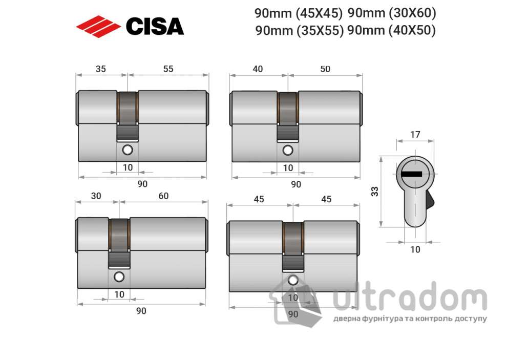 Цилиндр дверной CISA ASIX P8 PRO ключ-ключ 90 мм никель матовый