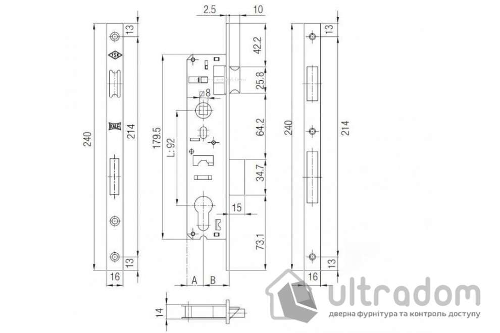 Замок с защелкой KALE 192P-35 (16 мм) для металлопластиковой двери (192-P-35)