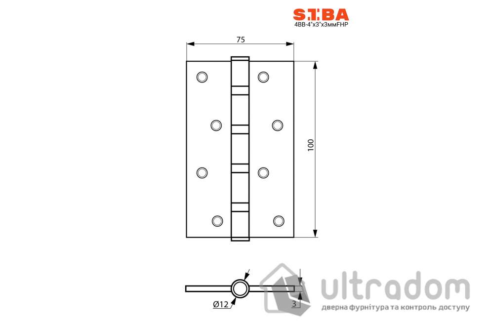 Петля дверная SIBA 100 мм универсальная латунная, матовый хром (4BB 4"х3"х3мм FHP SC BRASS)