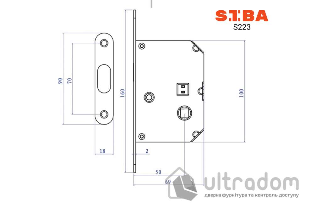 Замок с ручками для раздвижных дверей SIBA S223 WC, матовый никель SN