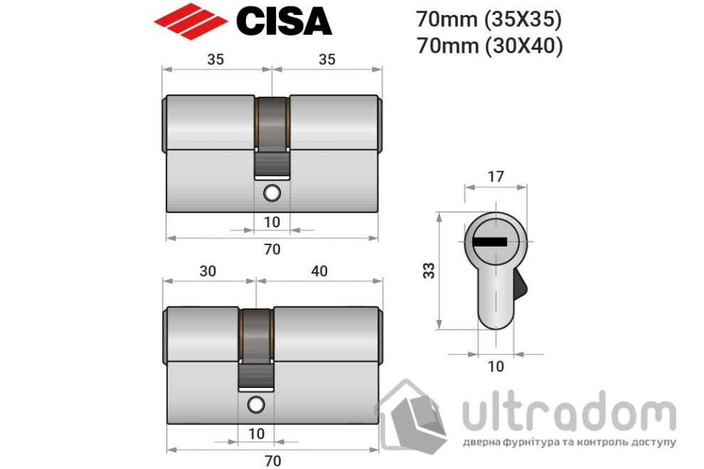 Цилиндр дверной CISA ASIX P8 PRO ключ-ключ 70 мм никель матовый