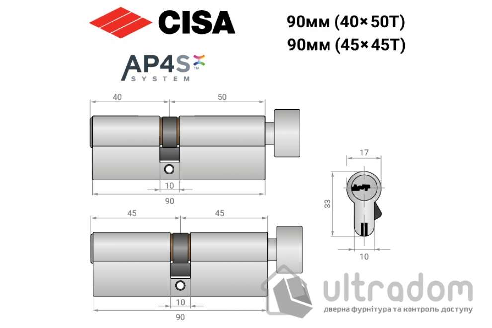 Цилиндр дверной CISA AP4 S 90T ключ-тумблер никель матовый