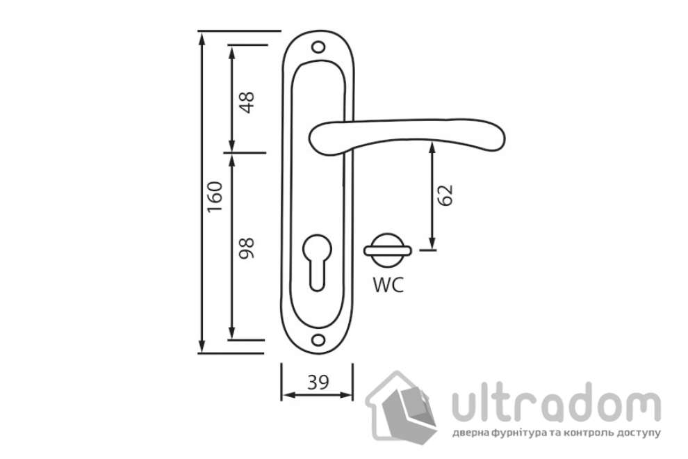 Ручка межкомнатная WC (62мм) на планке SIBA Palermo, матовый никель (Z14 5K 22 22)