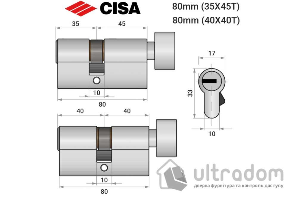 Цилиндр дверной CISA ASIX P8 ключ-тумблер, 80 мм