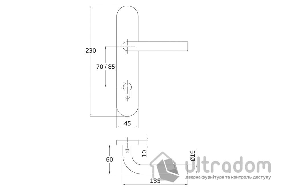 Дверная ручка на планке AMIG mod. 4PXB85, нержавеющая сталь