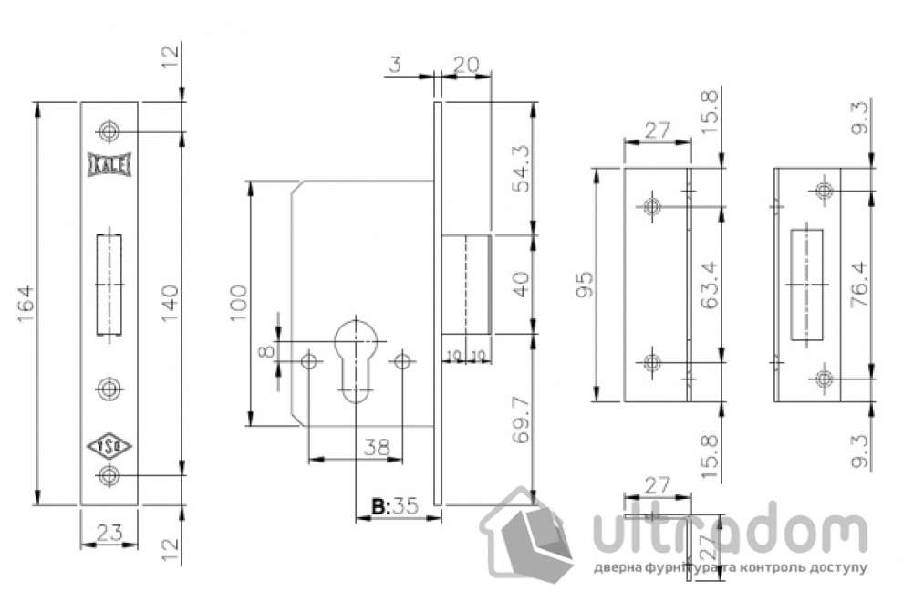 Комплект замка KALE 157 В=35 мм с цилиндром 62 мм, 3 ключа (157/35+62mm-nic)