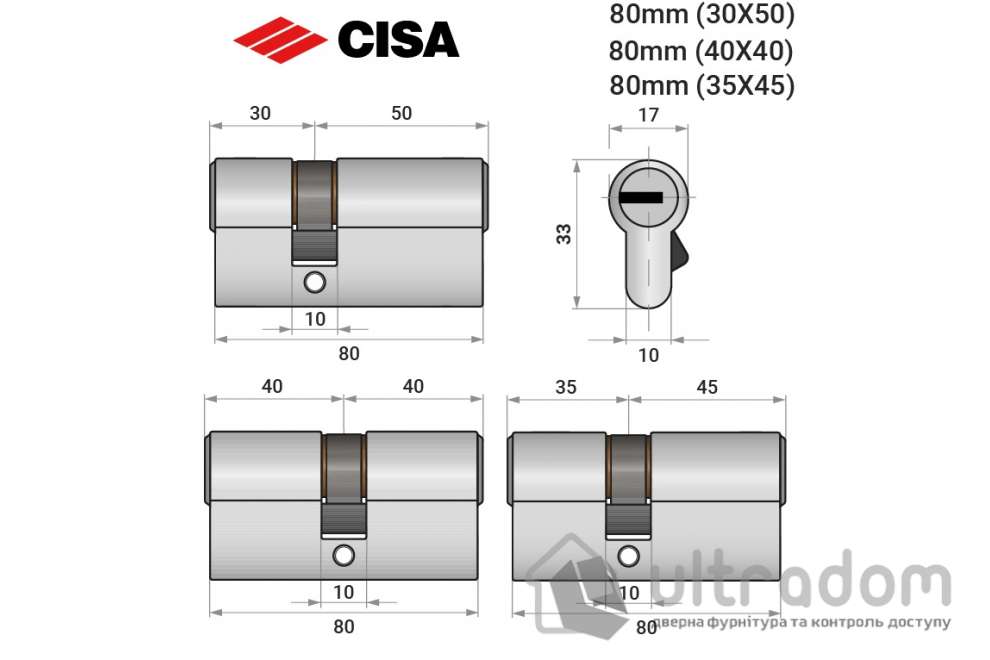 Цилиндр дверной CISA ASIX P8 PRO ключ-ключ 80 мм никель матовый