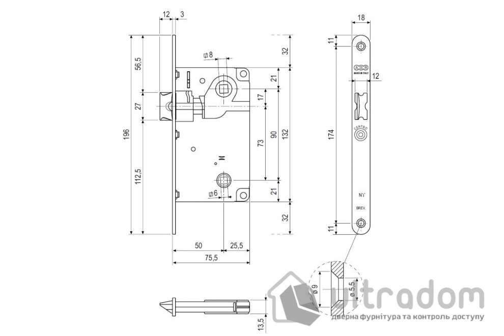 Врезной межкомнатный замок AGB Centro WC, 90/50 мм, бронза коричневая (B01013.50.22)