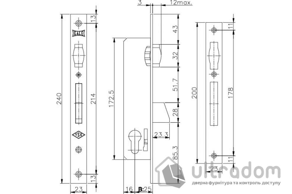 Врезной замок с роликом и автоматическим ригелем KALE 255U-25 (25 мм) (255-U-25)