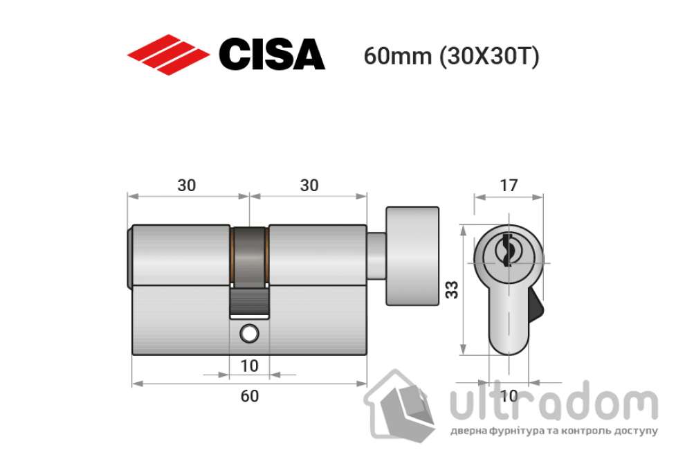 Цилиндр дверной CISA CISA C2000 ключ-тумблер, 60 мм