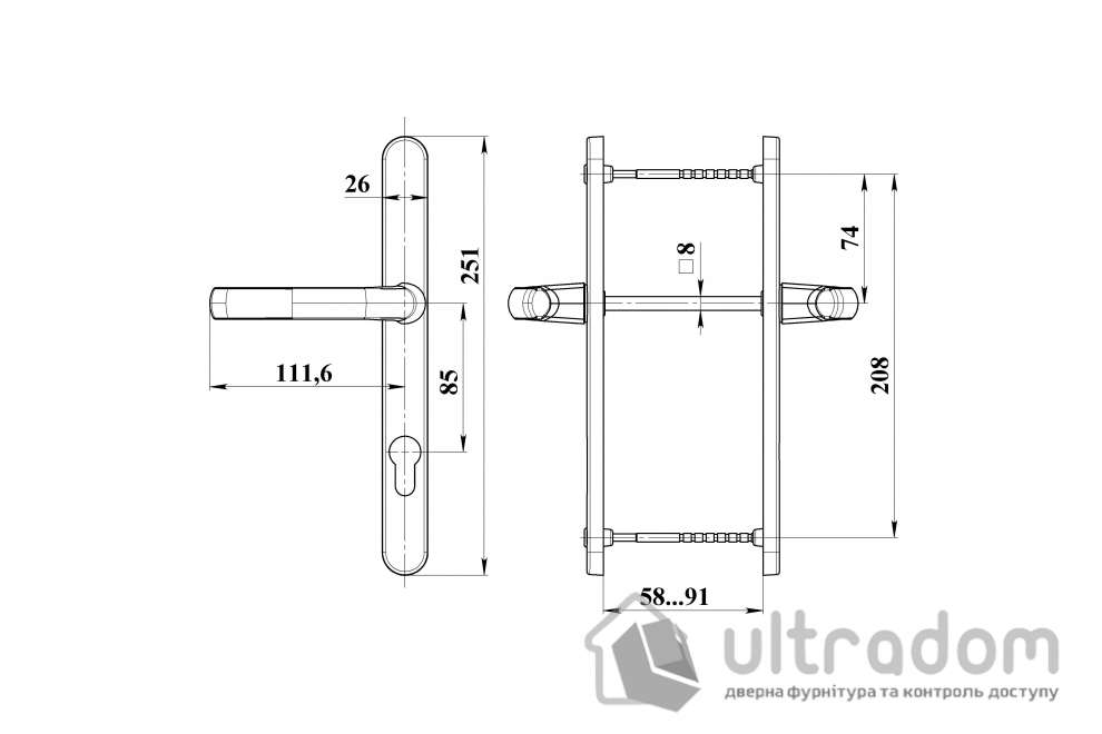 Нажимной гарнитур ASTEX Antey DHS 85/26/208 мм с фиксирующей пружиной, белый (DHS 85/26/208 RAL9016)