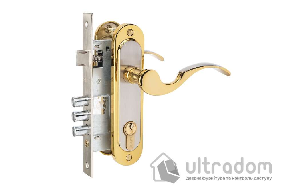 Комплект врезного замка с ручками SIBA Osimo 62 мм з цилиндром, матовый никель/тёмное золото (Z09-3K2290+10038SN+62С)